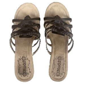Mudd Risqué Brown Strappy Braided Slip On Sandals Block Heel Shoes Size 7